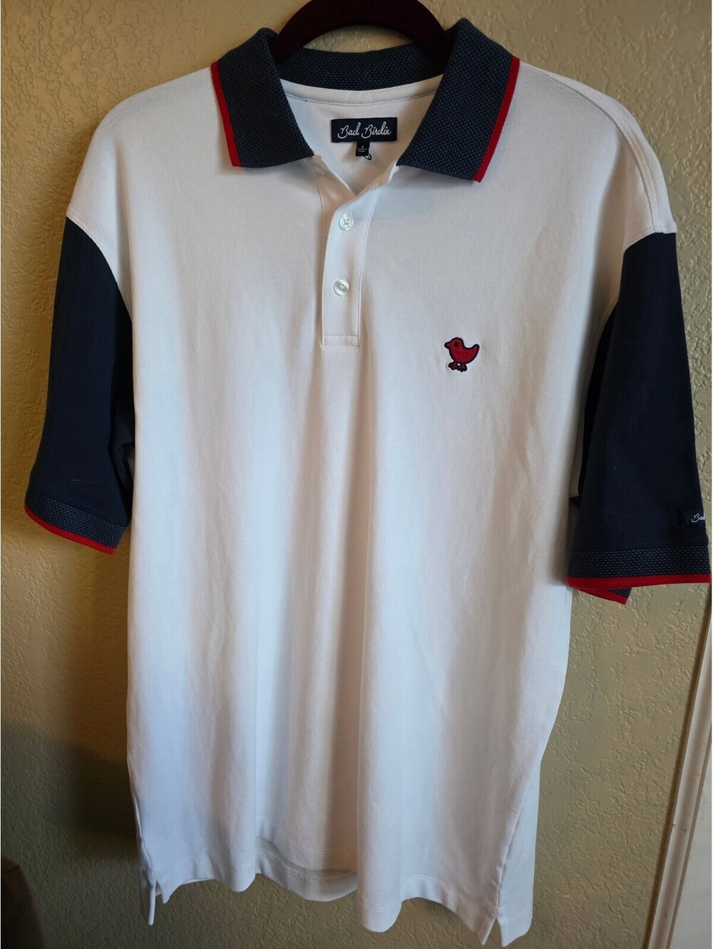Bad Birdie Men's Polo Shirt Size S White with Navy and Red Accents
